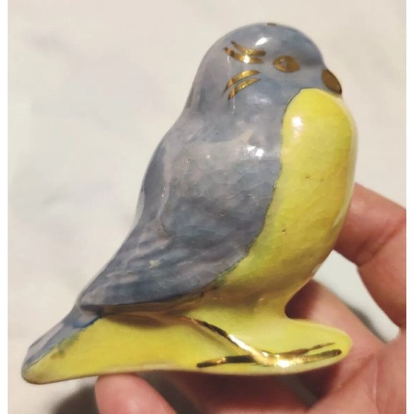 Vintage Blue Yellow Birds Salt & Pepper Shakers Gold Detailed Glossy Porcelain - Picture 13 of 16